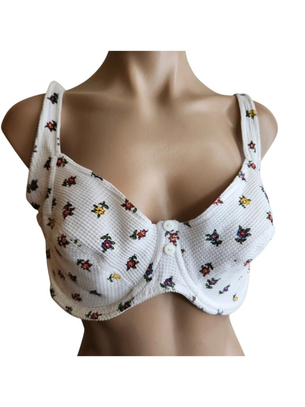 Vintage 90s Waffle Knit Underwire Ditzy Floral Bra Supportive Cotton Size 44D